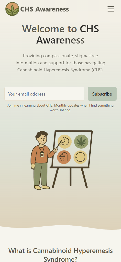 CHS Awareness project – mobile hero with welcome title, email subscribe form, and illustration