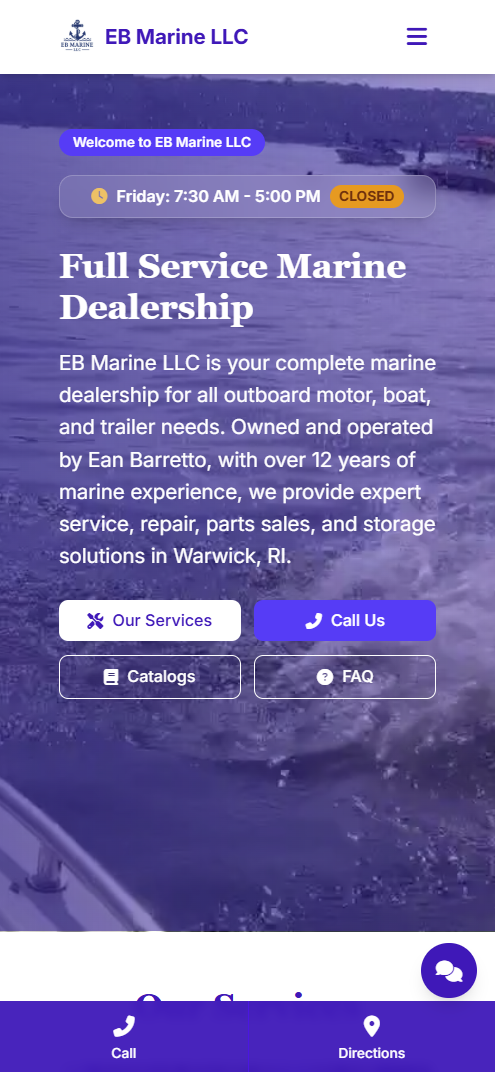 EB Marine LLC project – mobile hero over marina with services and call-to-action buttons
