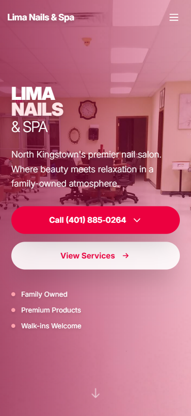 Lima Nails & Spa project – mobile hero with pink gradient overlay, salon name, tagline, and call-to-action buttons over blurred salon interior