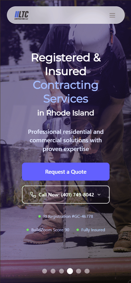 LTC Contracting LLC project – mobile hero with animated background showing construction worker and interactive elements