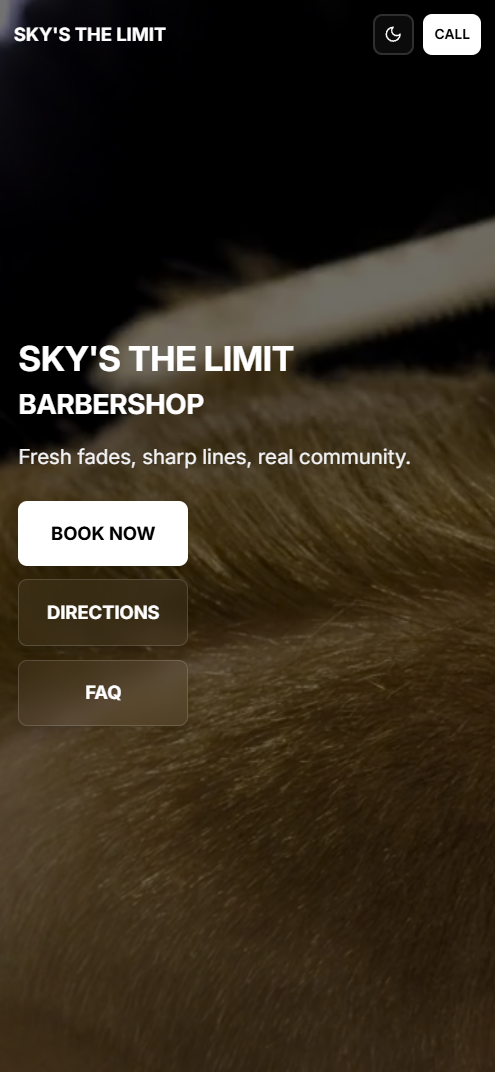 Sky's the Limit Barbershop project – mobile hero with call, book now, and directions buttons